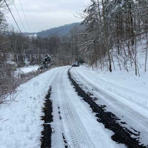 The last 100 yards of the road will have you making a hairpin turn to drive up a steep paved road to the top of a hill. When it snows, going up or down this hill will be very difficult to do without four wheel drive, snow tires, and/or chains. Please be prepared! We have had guests in the past who were not able to make it up the hill in a snowstorm.