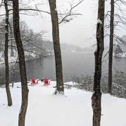 The cabin is beautiful with a fresh snow on the ground!